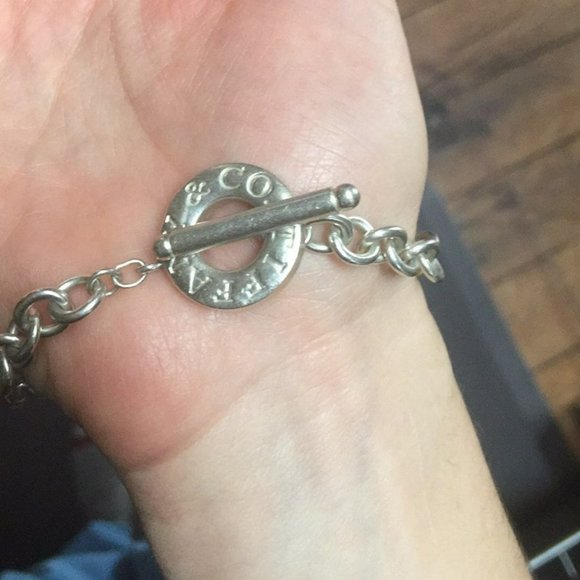 Authentic Tiffany & Co Oval Link Bracelet with Pink Crystal Ball Pendant - Picture 2 of 2